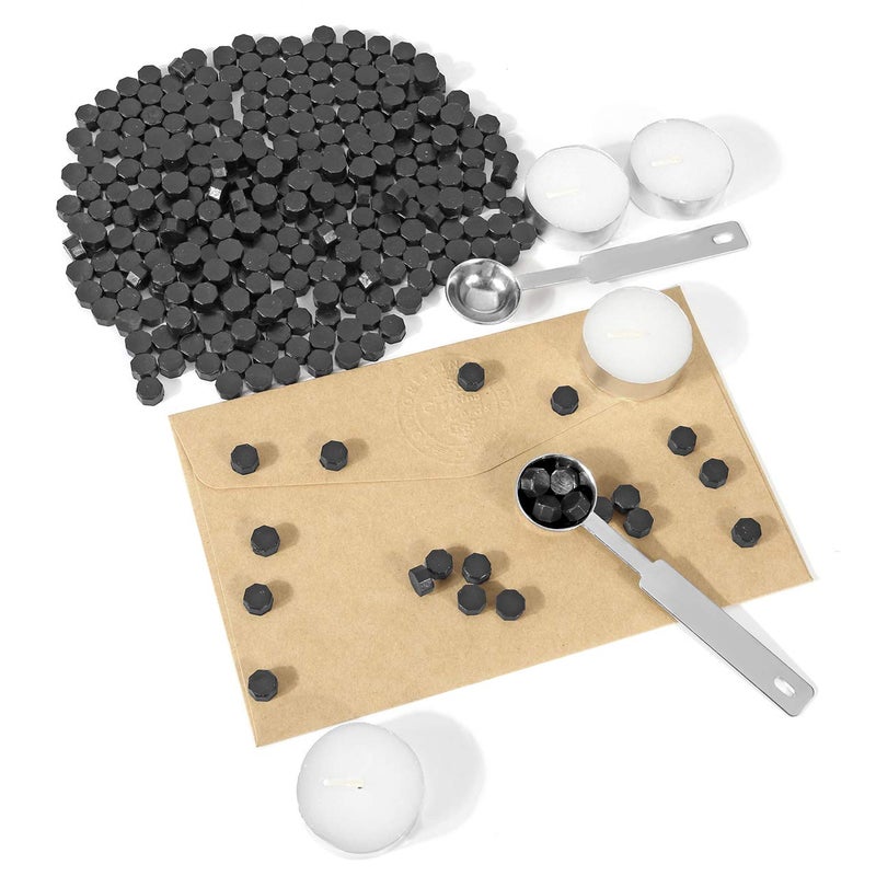Yoption Black Sealing Wax Beads, Yoption 300 Pcs Octagon Wax Seal Beads Kit with 2 Melting Spoon and 4 Candles for Wedding Invitation Envelopes Gift Wrapping (Black) - Image 4